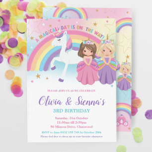 Blonde Brunette Twins Princesses Unicorn Birthday Invitation