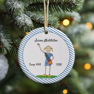 Blonde Cadette Girl Scouting Blue Stripe Ceramic Tree Decoration