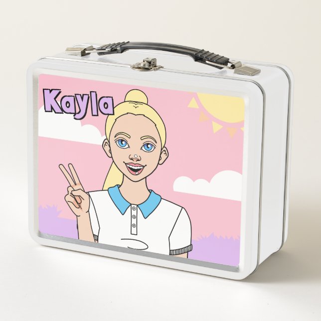 Blonde Cartoon Girl Pastel Pink School Student Metal Lunch Box (Front)