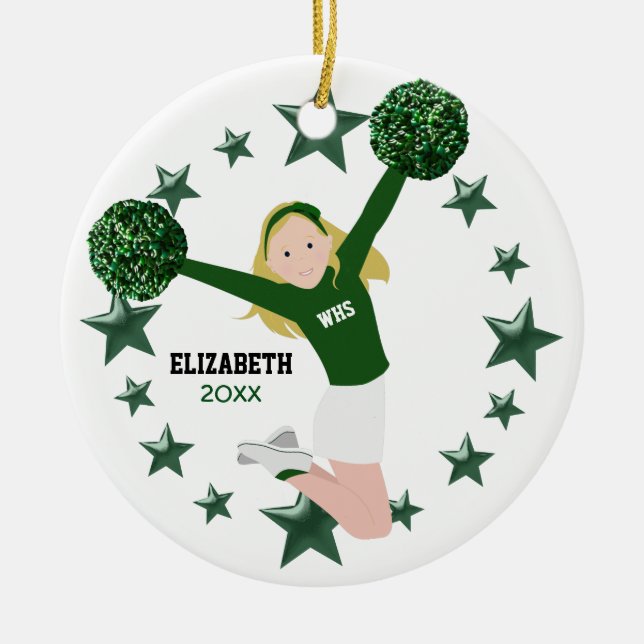 Blonde Cheer Green & White Pom Poms Ceramic Ornament (Front)
