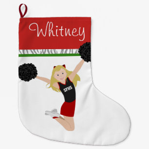Blonde Cheerleader in Red and Black Large Christmas Stocking