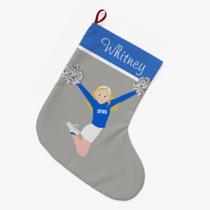 Blonde Cheerleader in White & Blue Large Christmas Stocking