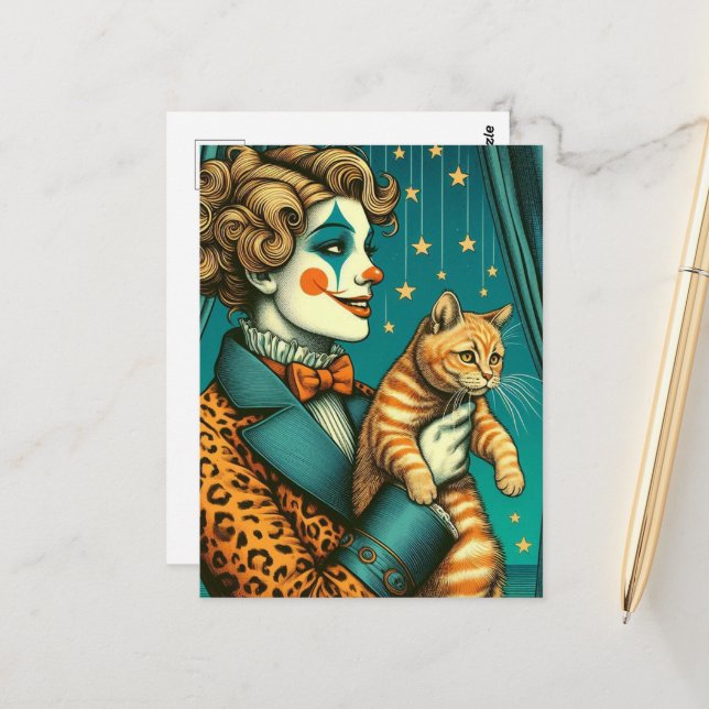 Blonde Circus Clown and a Ginger Kitty Postcard (Front/Back In Situ)