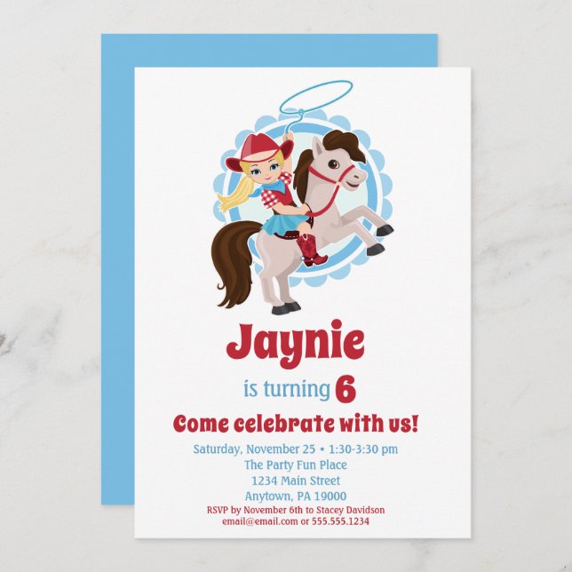 Blonde Cowgirl Horse Rodeo Birthday Party Invitation (Front/Back)