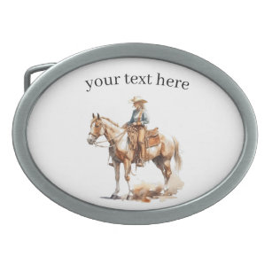 blonde cowgirl riding a brown horse in watercolor belt buckle
