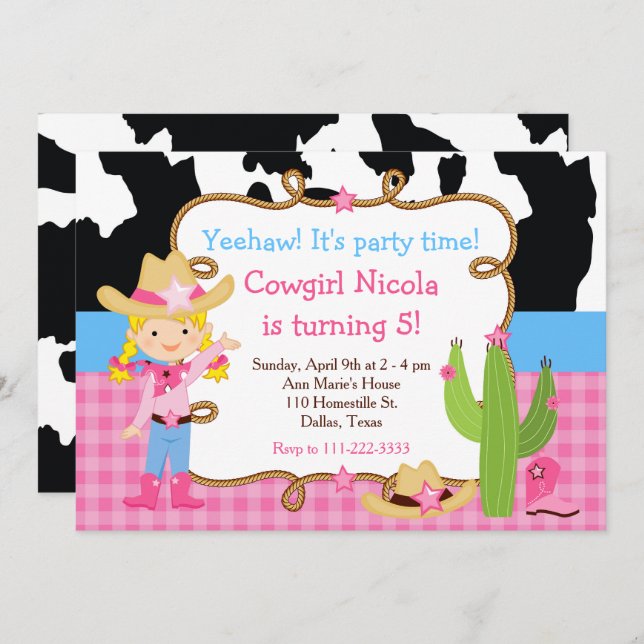 Blonde Cowgirl Western Birthday Party Invitation (Front/Back)