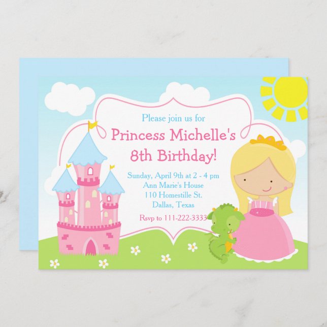 Blonde Cute Princess and Dragon Birthday Party Invitation (Front/Back)