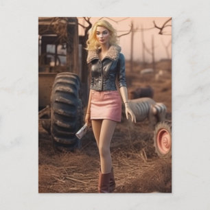 blonde doll in a post apocalyptic rural world postcard