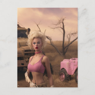 blonde doll in pink post apocalyptic postcard