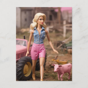blonde doll on a post apocalyptic farm postcard