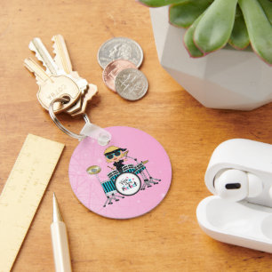 Blonde Drummer Girl with Stars on Pink Key Ring