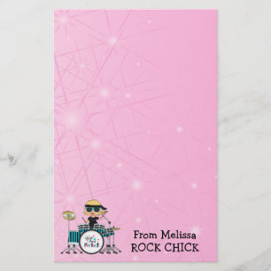 Blonde Drummer Girl with Stars on Pink Stationery