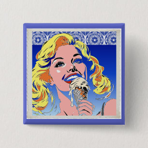 Blonde Eating Ice Cream Colourful 60s Pop Art Styl 15 Cm Square Badge