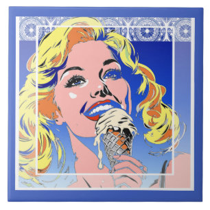 Blonde Eating Ice Cream Colourful 60s Pop Art Styl Ceramic Tile