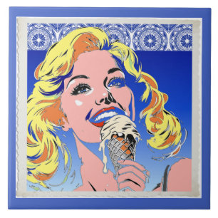 Blonde Eating Ice Cream Colourful 60s Pop Art Styl Ceramic Tile