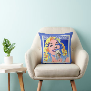 Blonde Eating Ice Cream Colourful 60s Pop Art Styl Cushion