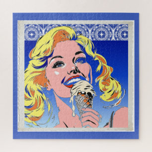 Blonde Eating Ice Cream Colourful 60s Pop Art Styl Jigsaw Puzzle