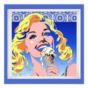 Blonde Eating Ice Cream Colourful 60s Pop Art Styl Photo Print