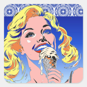 Blonde Eating Ice Cream Colourful 60s Pop Art Styl Square Sticker