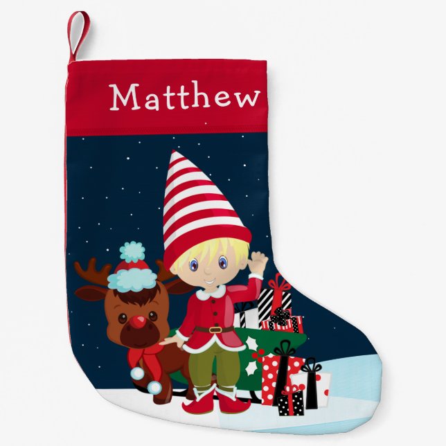 Blonde Elf Boy with Rudolph Small Christmas Stocking (Front)