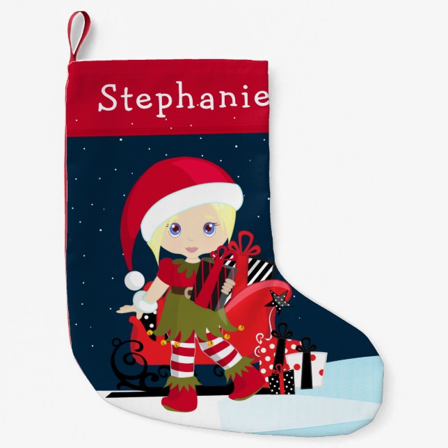 Blonde Elf Girl with Rudolph Christmas Stocking (Front)