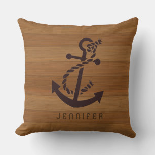 Blonde Faux Wood & Brown Nautical Anchor Cushion