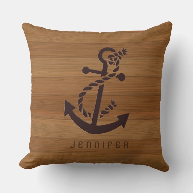 Blonde Faux Wood & Brown Nautical Anchor Cushion (Front)