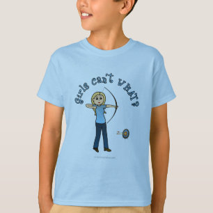 Blonde Female Archery in Blue T-Shirt