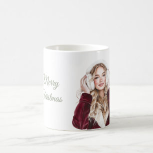 Blonde Female Burgundy Coat Christmas Coffee Mug