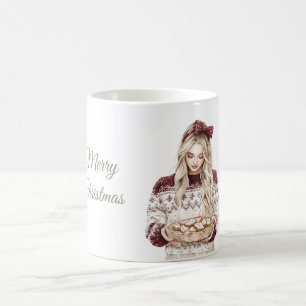 Blonde Female Green Bow Burgundy Cookies Christmas Coffee Mug