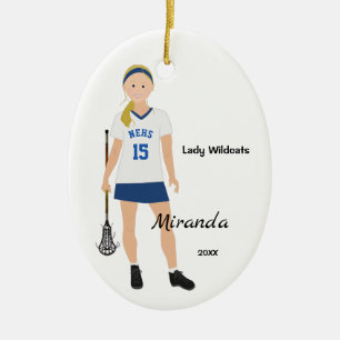 Blonde Female Lacrosse Player In Blue And White Ceramic Ornament