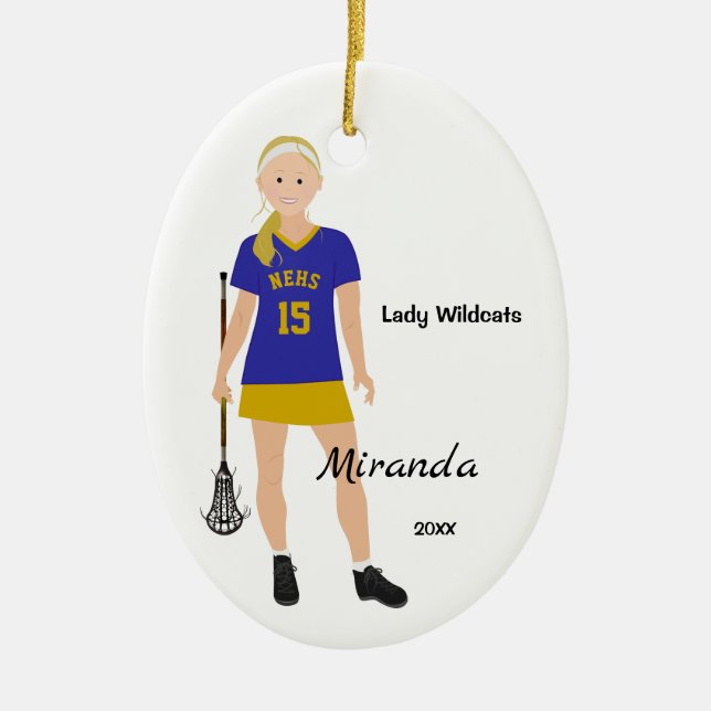 Blonde Female Lacrosse Player In Blue And Yellow Ceramic Ornament (Front)