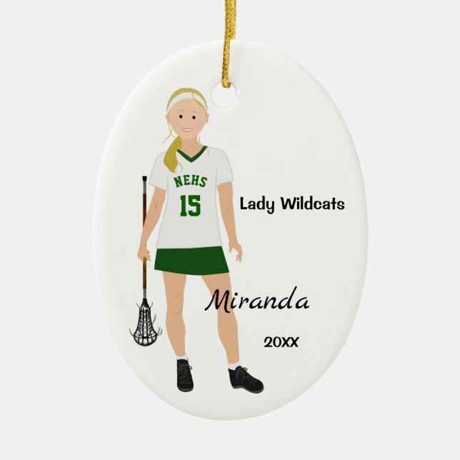 Blonde Female Lacrosse Player In Green And White Ceramic Ornament (Front)