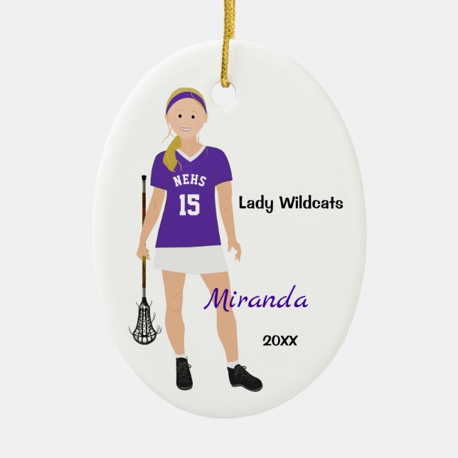 Blonde Female Lacrosse Player In Purple And White Ceramic Ornament (Front)