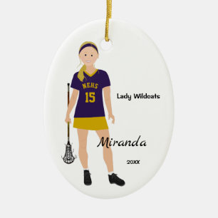 Blonde Female Lacrosse Player In Purple And Yellow Ceramic Ornament