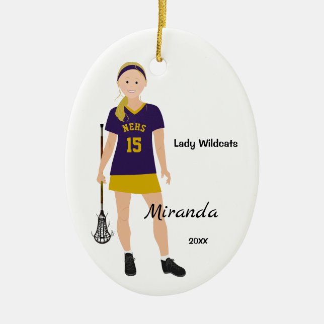 Blonde Female Lacrosse Player In Purple And Yellow Ceramic Ornament (Front)