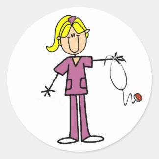 Blonde Female Stick Figure Nurse Classic Round Sticker