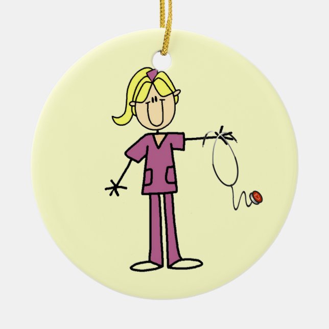 Blonde Female Stick Figure Nurse T-shirts Ceramic Ornament (Front)