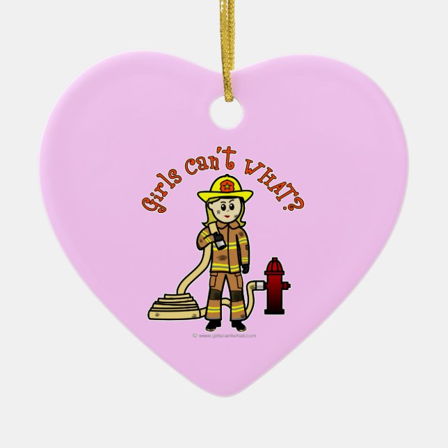 Blonde Firefighter Girl Ceramic Ornament (Front)