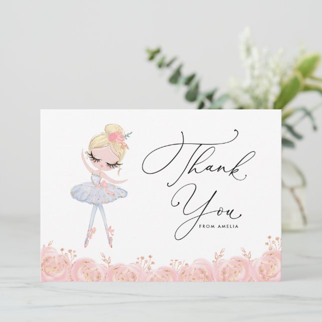 Blonde Girl Ballerina in White Dress Birthday Thank You Card (Standing Front)
