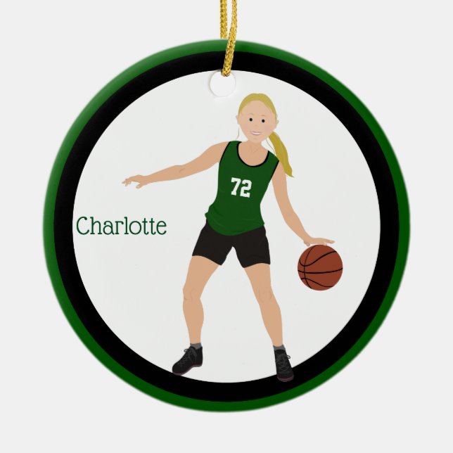 Blonde Girl Basketball Player In Green And Black Ceramic Ornament (Front)
