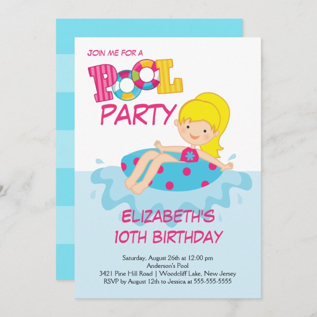 Blonde Girl Birthday Summer Pool Party Invitation (Front/Back)
