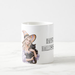 Blonde Girl Black Cat Halloween Coffee Mug