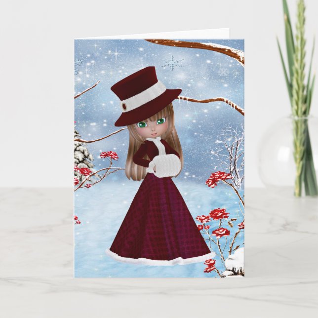 Blonde Girl, Christmas, Snow Holiday Card (Front)