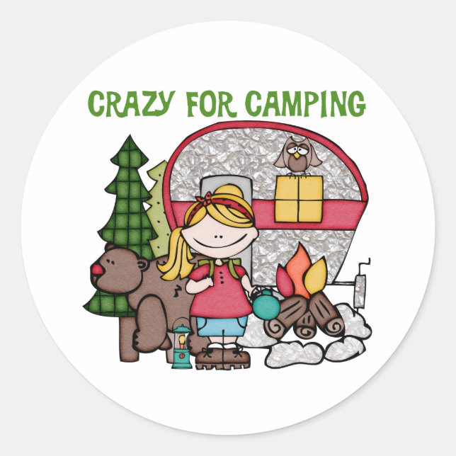 Blonde Girl Crazy For Camping Classic Round Sticker (Front)