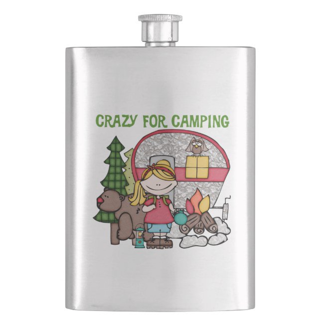 Blonde Girl Crazy For Camping Hip Flask (Front)