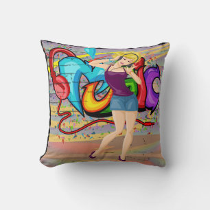 Blonde Girl Dancing  MusicGraffiti Wall Background Cushion