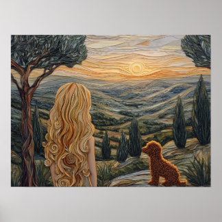 Blonde girl ,dog,walking,sunset,mountains poster