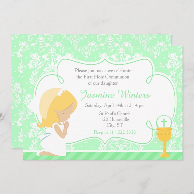 Blonde Girl First Communion Damask Invitation (Front/Back)