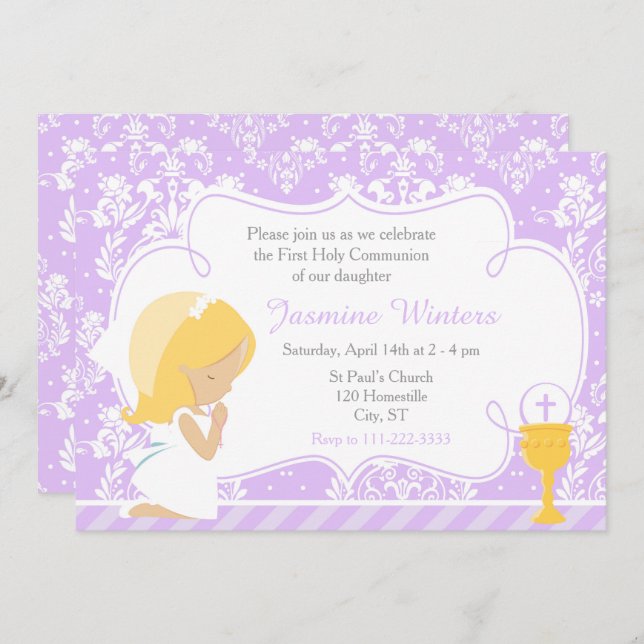 Blonde Girl First Communion Damask Invitation (Front/Back)
